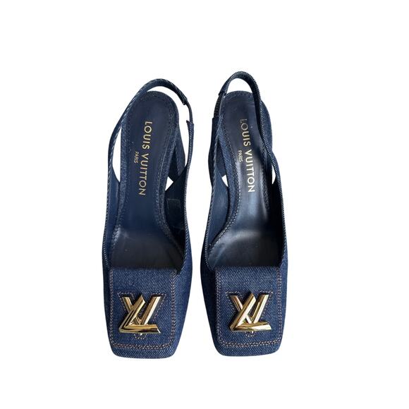 Louis Vuitton Denim Slingback Pumps Block Heel Blue Sz 38 - Picture 2 of 12